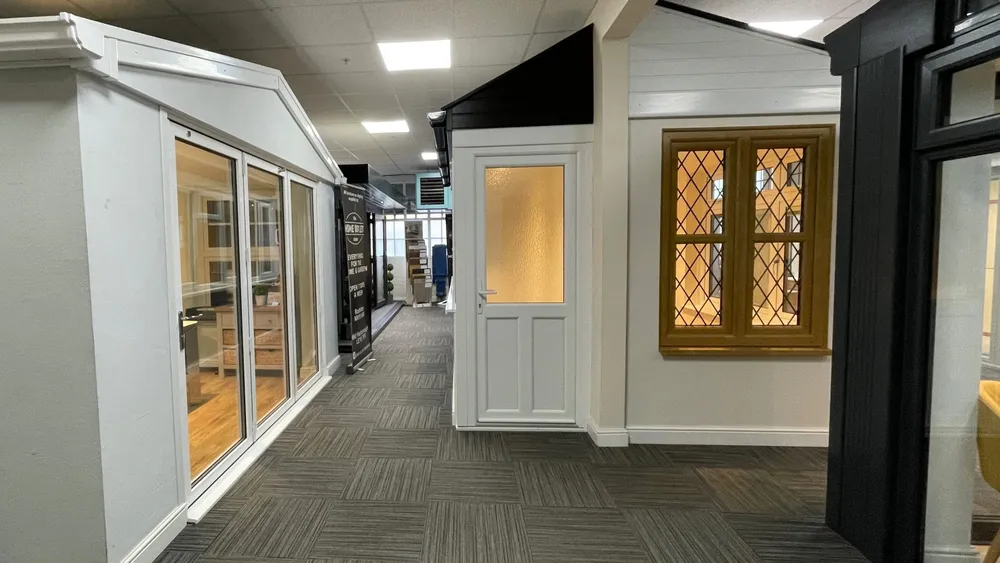 White door and leaded window styles on display